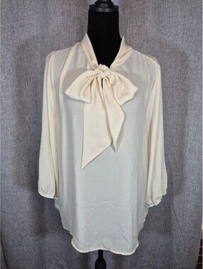 April USA Women’s Ivory Tie-Neck Blouse XL Sheer 3/4 Sleeve Made in USA